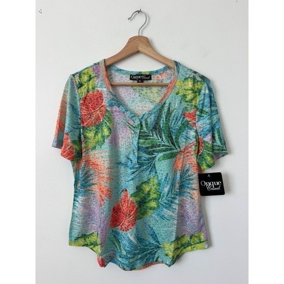 Onque Casuals Tops - Onque Casual Tropical Floral Short Sleeve Top Blue Women's Petite Extra Large